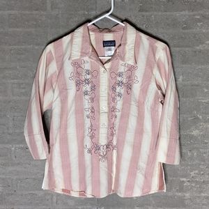 Patagonia Organic Cotton Striped Embroidered 3/4 Sleeve Blouse Women's Size M